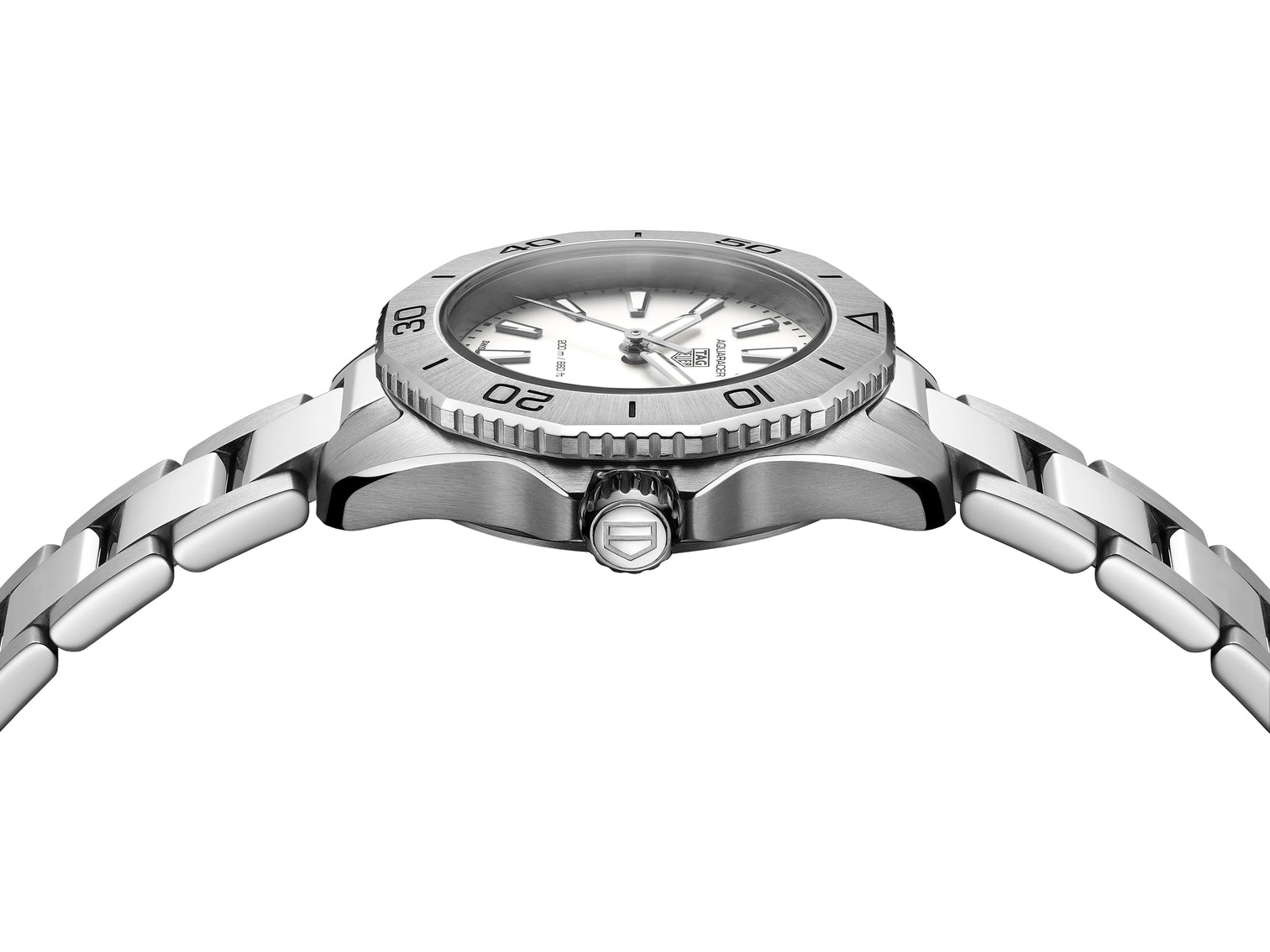 Side of TAG Heuer Aquaracer Professional 200 Watch with Silver Dial